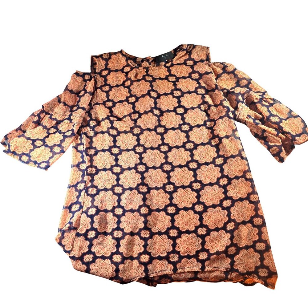 Womens Floral blouse back buttons shirt Cold Shoulder AX Paris sheer Sz 12